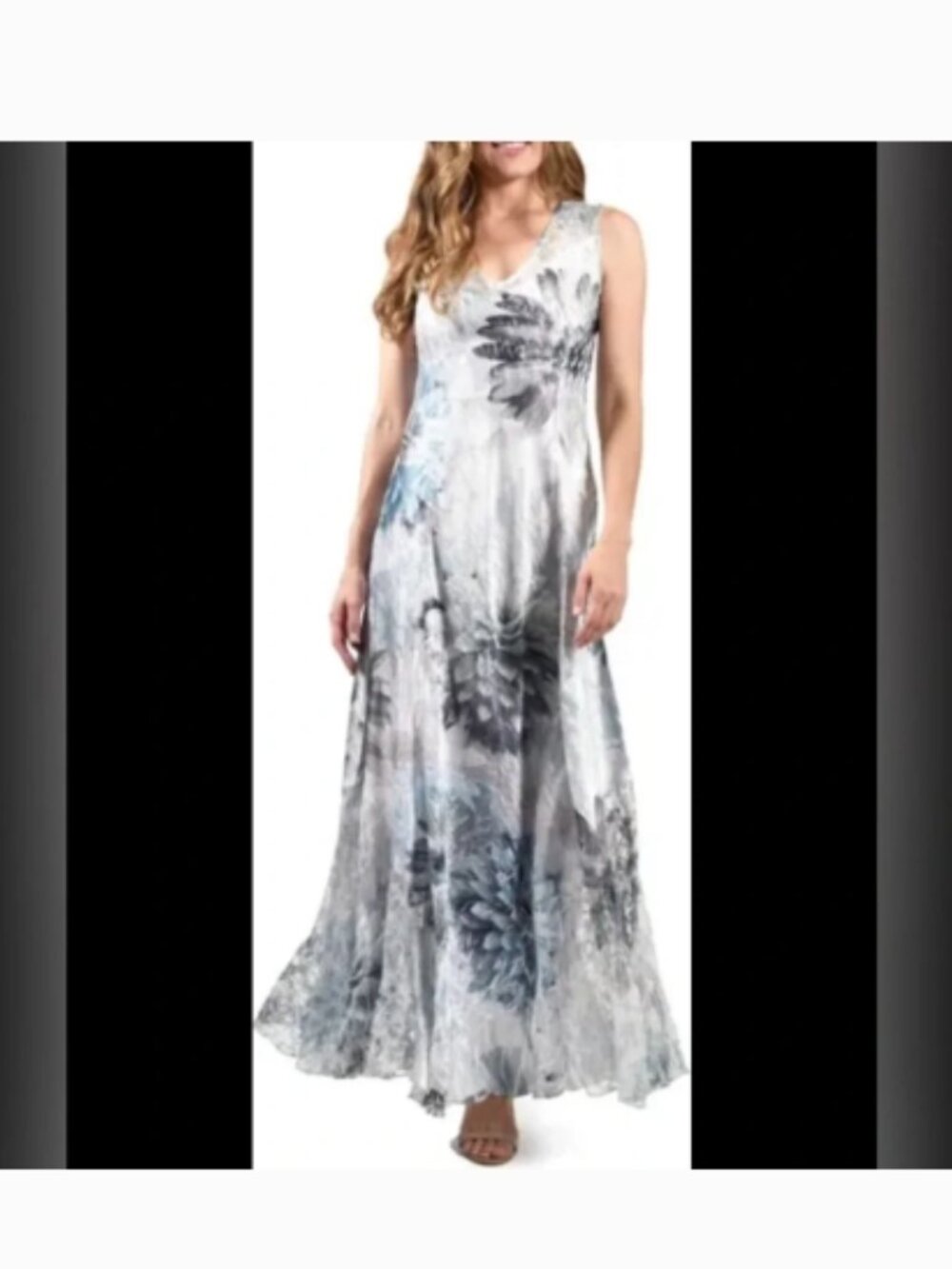 NWOT KOMAROV ‘Fountain Bloom’ Sleeveless Floral V-Neck Maxi Dress Teal Gray L
